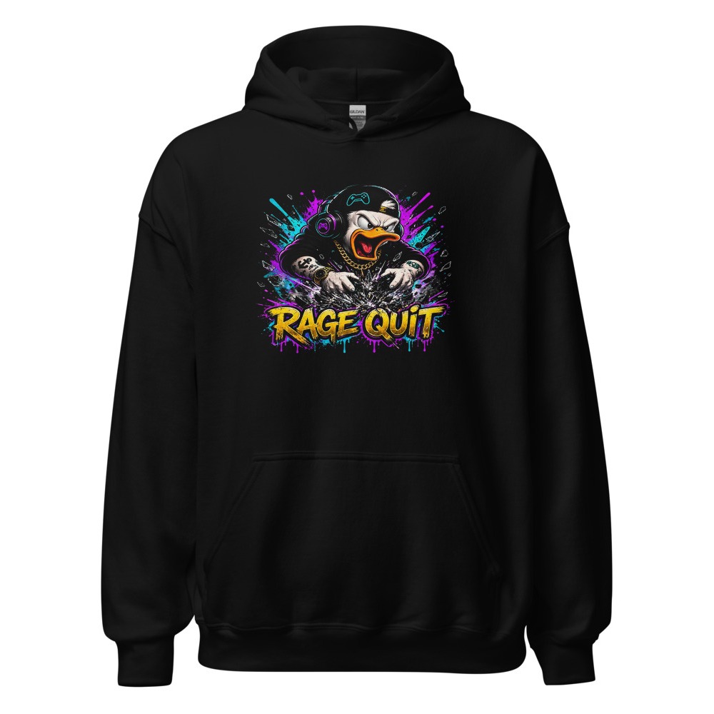 Black pullover hoodie with the furious duck smashing his gaming setup amid neon splatter, RAGE QUIT in dripping gold graffiti letters below