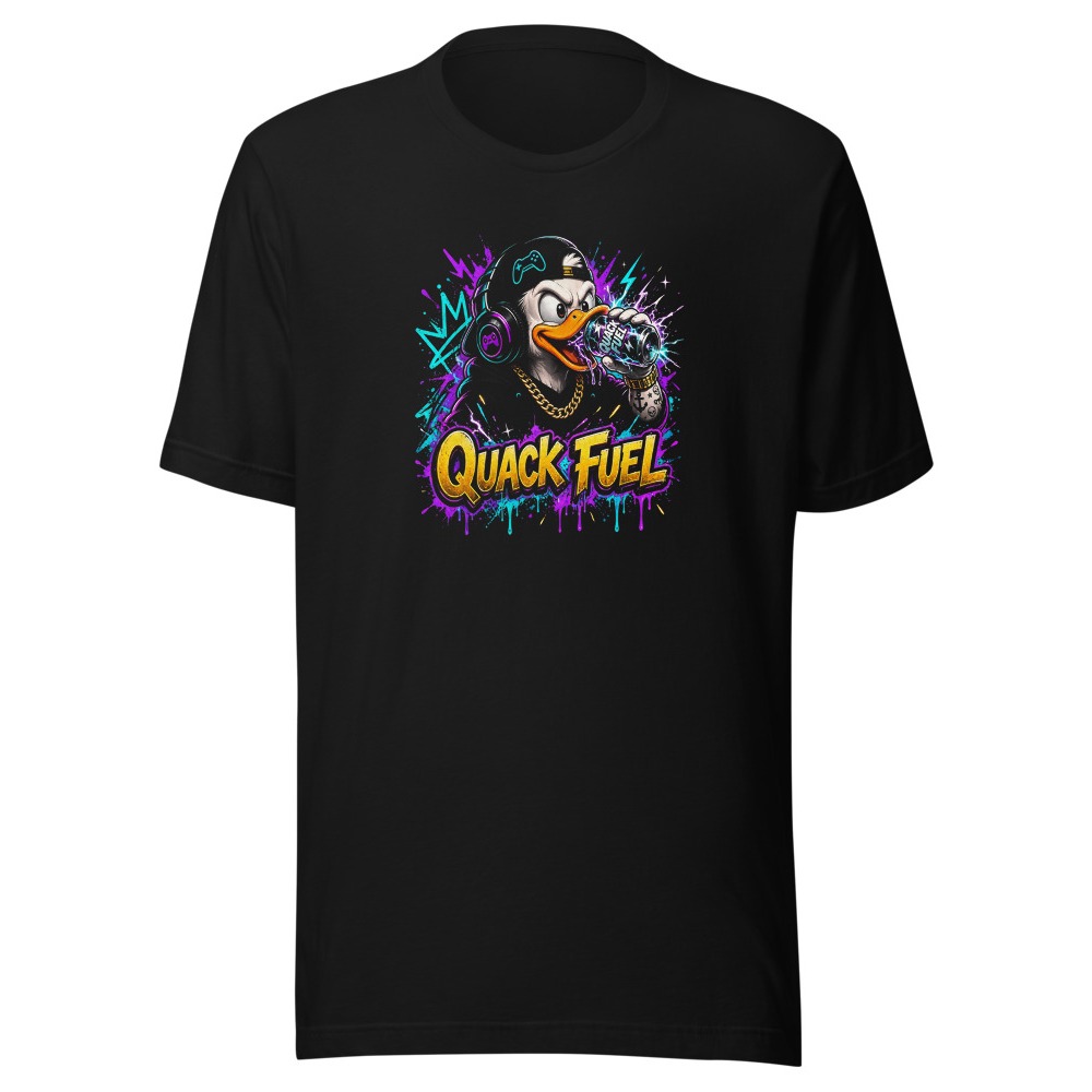 Black t-shirt with the duck chugging an energy drink amid neon splatter and lightning, QUACK FUEL in dripping gold graffiti letters below